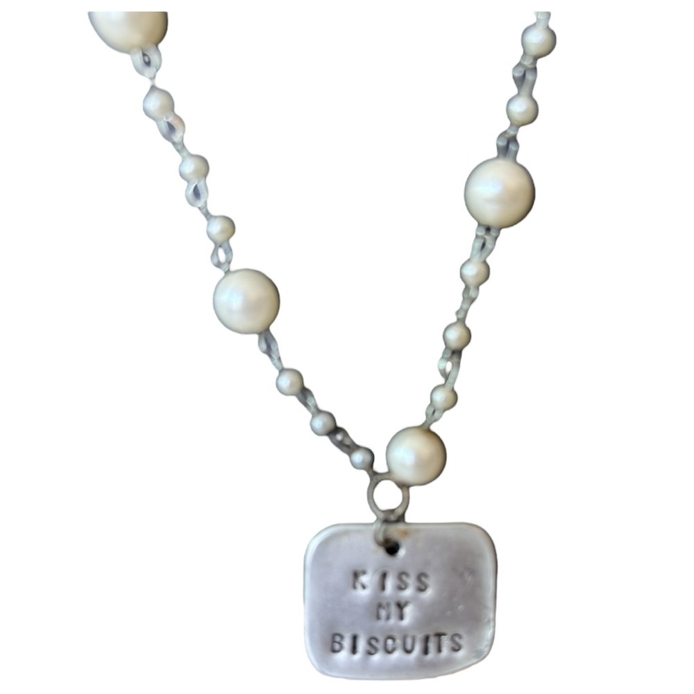 Pearl tone Necklace with Engraved Pendant “Kiss My Biscuits”